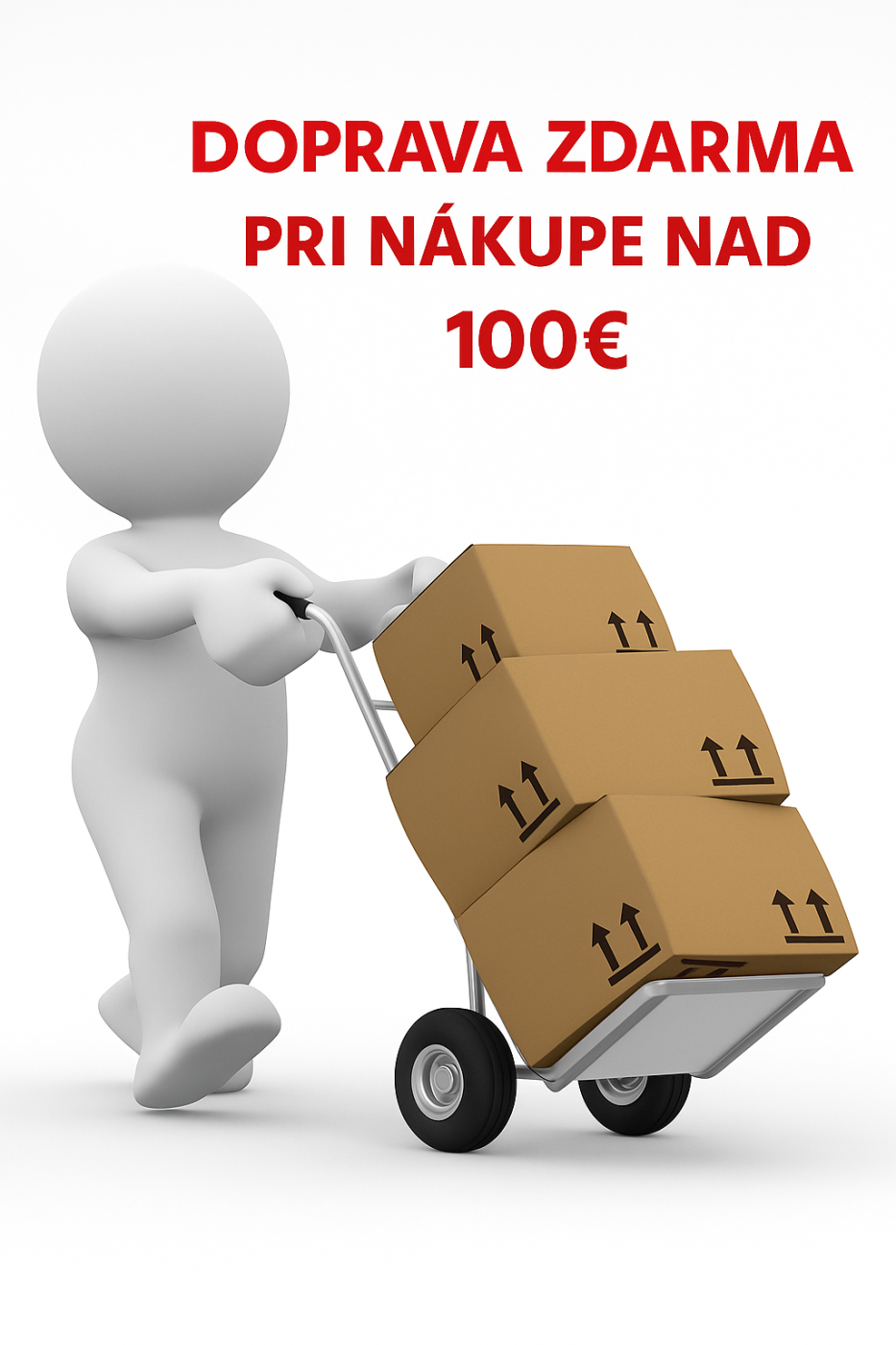 Doprava zdarma pri nákupe nad 100 €, 3D postavička s vozíkom a balíkmi – akcia e-shopu Proma-stroje.sk